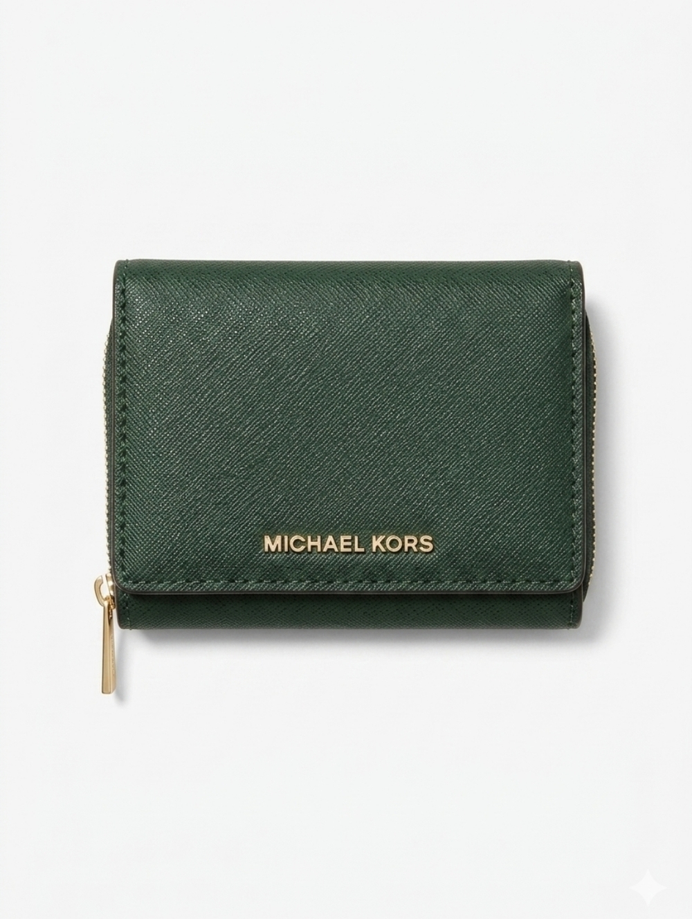 Michael Kors Green Saffiano Leather Zip Wallet with Gold Logo